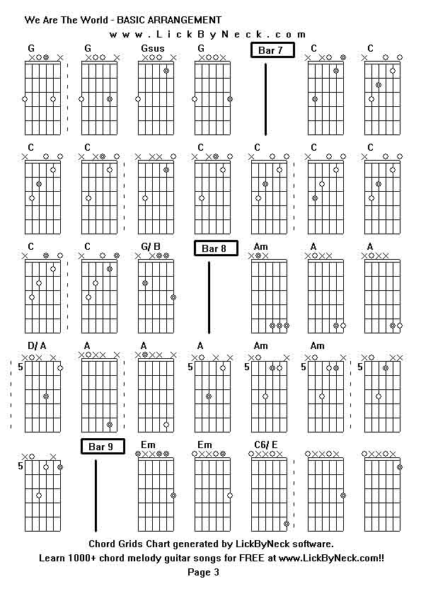 Chord Grids Chart of chord melody fingerstyle guitar song-We Are The World - BASIC ARRANGEMENT,generated by LickByNeck software.